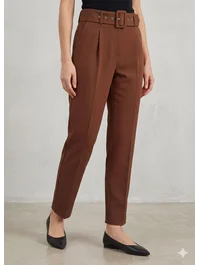 Pantalon Kemerli Pileli Premium Kumaş Kahverengi 2444