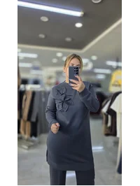 İkili Takım Yakası Güllü Modal Kumaş Gri 1515