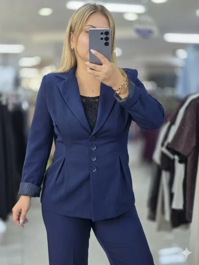 Blazer Ceket Piliseli Lacivert C2209 