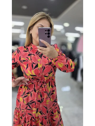 Elbise Modal Kumaş Yarım Düğmeli Nar Çiçeği 2552