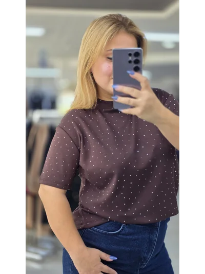 Tişört Modal Kumaş Taşlı Kahverengi 5010