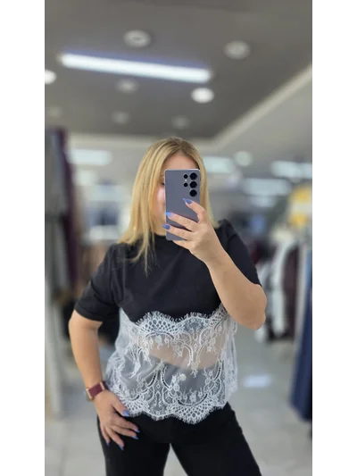 Tişört Etek Ucu Dantelli Siyah 2209