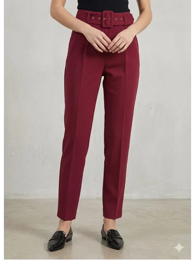 Pantalon Kemerli Pileli Premium Kumaş Bordo 2444