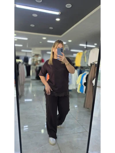 Dantelli Eşofman Takımı Modal Kumaş Kahverengi 8522