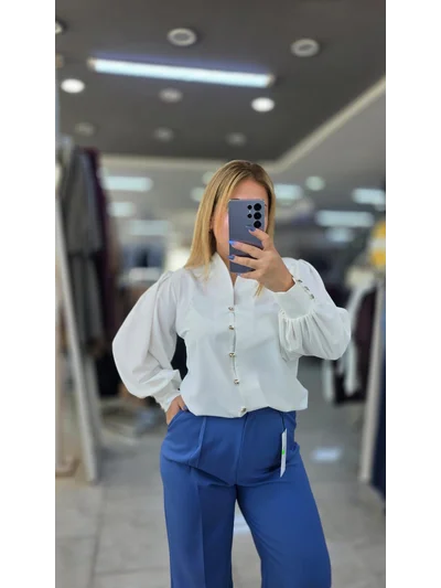 Yakasız Balon Kol Gömlek Beyaz 31587