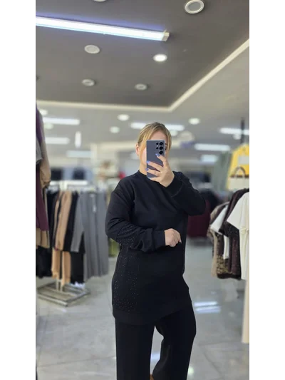 İkili Takım Omuzu Taşlı Model Modal Kumaş Siyah 1628