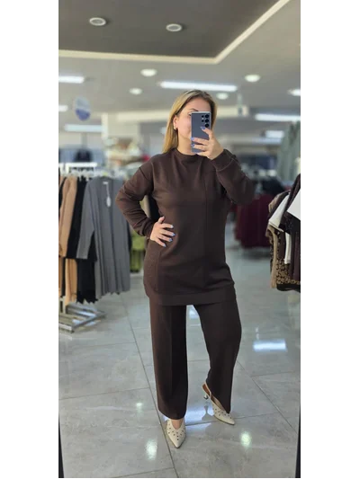 İkili Takım Omuzu Taşlı Model Modal Kumaş Kahverengi 1628
