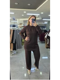 İkili Takım Omuzu Taşlı Model Modal Kumaş Kahverengi 1628