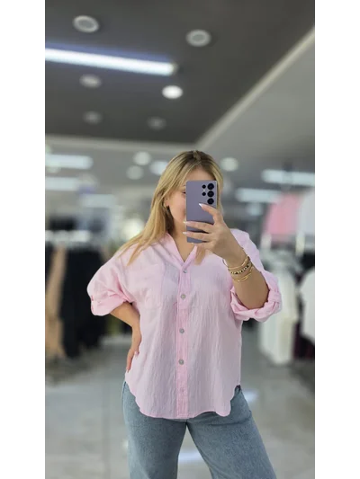 Pamuklu Salaş Gömlek A Pile Oversize Pembe 1283