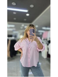 Pamuklu Salaş Gömlek  A Pile Oversize Pembe 1283