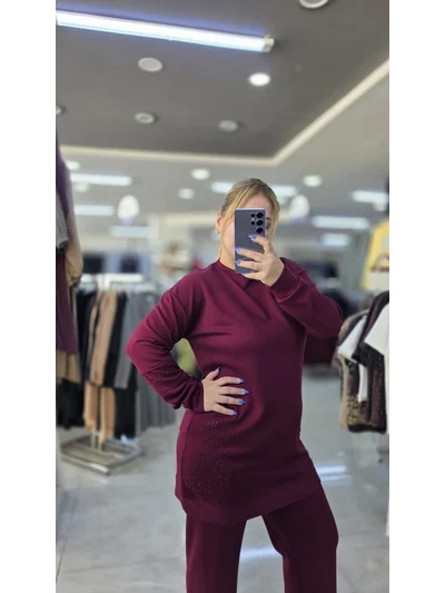 İkili Takım Omuzu Taşlı Model Modal Kumaş Bordo 1628