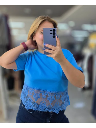 Tişört Crop Dantelli Mavi 2207