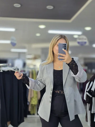 Blazer Ceket Piliseli Gri C2209 