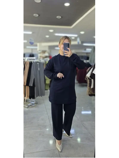 İkili Takım Omuzu Taşlı Model Modal Kumaş Lacivert 1628