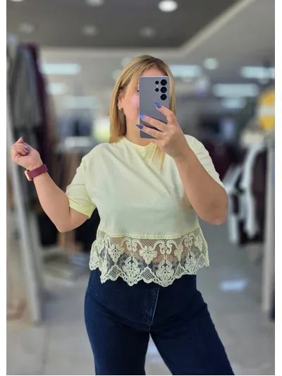 Tişört Crop Dantelli Sarı 2207