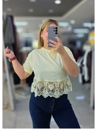 Tişört Crop Dantelli Sarı 2207