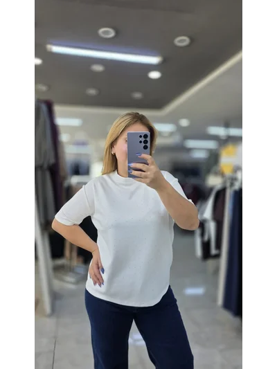 Tişört Modal Kumaş Taşlı Beyaz 5010