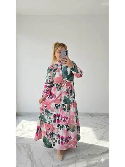 Elbise Modal Kumaş Yarım Düğmeli Pembe Yeşil2552