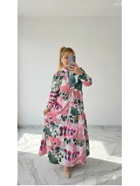 Elbise  Modal Kumaş Yarım Düğmeli  Pembe Yeşil2552