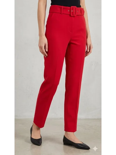 Pantalon Kemerli Pileli Premium Kumaş Kırmızı 2444