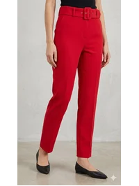 Pantalon Kemerli Pileli Premium Kumaş Kırmızı 2444