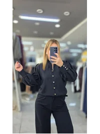 Yakasız Balon Kol Gömlek Siyah 31587