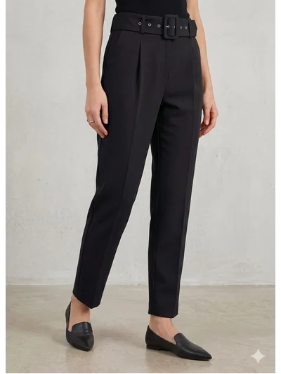 Pantalon Kemerli Pileli Premium Kumaş Siyah  2444