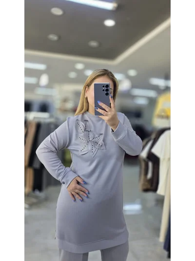 İkili Takım Yakası Güllü Modal Kumaş Açık Gri1515