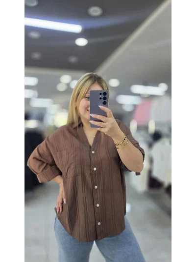 Pamuklu Salaş Gömlek A Pile Oversize Kahverengi 1283
