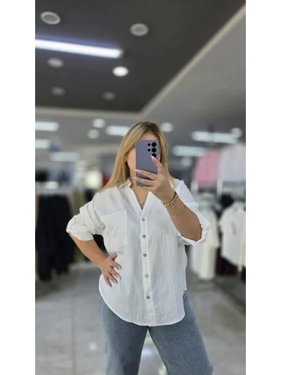 Pamuklu Salaş Gömlek A Pile Oversize Beyaz 1283