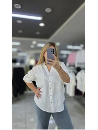 Pamuklu Salaş Gömlek  A Pile Oversize Beyaz 1283