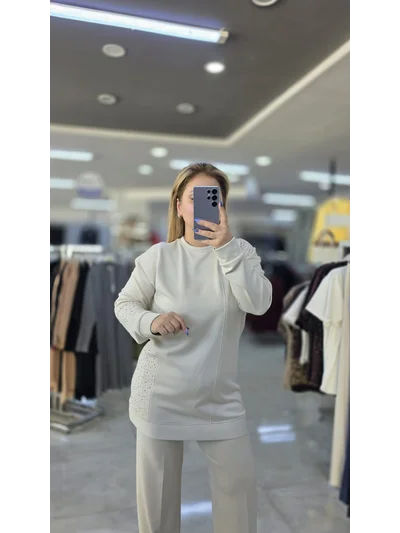 İkili Takım Omuzu Taşlı Model Modal Kumaş Taş Rengi 1628