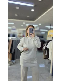 İkili Takım Omuzu Taşlı Model Modal Kumaş Taş Rengi 1628
