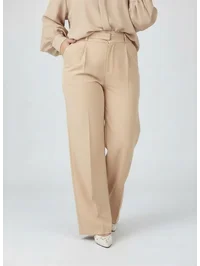 Palazzo Pantalon Önü pileli Premium Kumaş Yüksek Bel Krem 2333