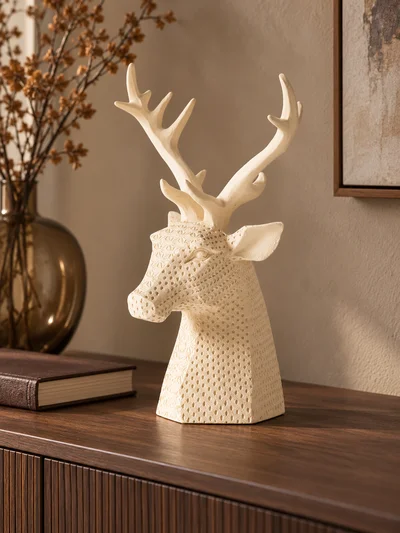 Dokulu Geyik Başı Dekoratif Biblo Kırık Beyaz 16 × 30 cm