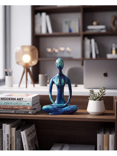 Dekoratif Yogacı Heykeli Mavi 23x14 cm – Meditasyon Yoga Figürü, Modern Biblo ve Masaüstü Dekor Objesi