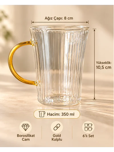 Cambu Line Serisi 6’lı Borosilikat Cam Kupa Seti 350 ml – Gold Kulplu Çizgili Cam Kupa