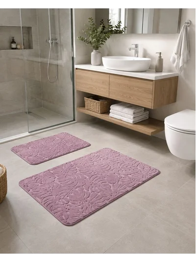 nixa Tropikal Desenli 2’li Banyo Paspası Seti – Kaymaz Tabanlı, Yumuşak Dokulu, Gül Kurusu