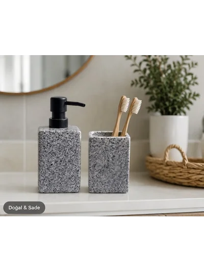 NIXA Taş Görünümlü Gri 2’li Banyo Seti – 400 ml Sıvı Sabunluk ve Diş Fırçalık