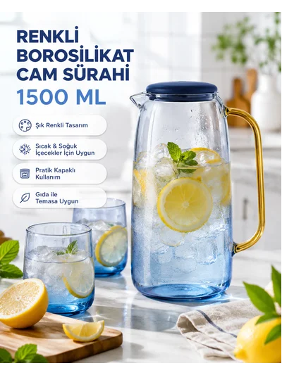 Cambu Renkli Borosilikat Cam Sürahi 1500 ml – Kapaklı, Kulplu Su ve Soğuk İçecek Karafı
