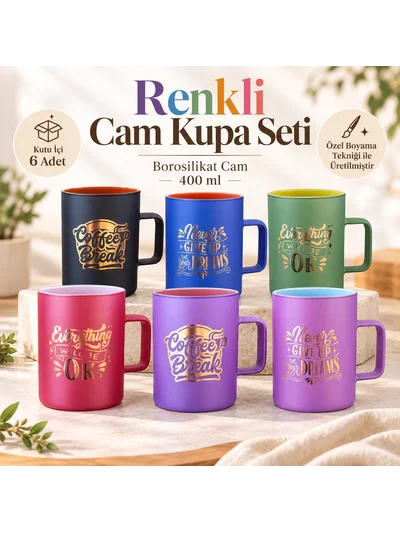 6’lı Renkli Borosilikat Cam Kupa Seti 400 ml – Özel Boyama Desenli Cam Bardak
