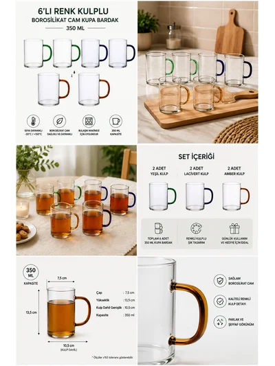 Cambu 6’lı Renkli Kulplu Borosilikat Cam Kupa Seti 350 ml – Çay ve Kahve Bardağı