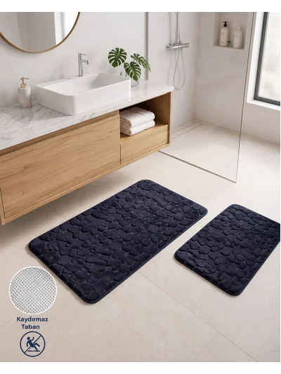 nixa Taş Desenli 2’li Banyo Paspası Seti – Kaymaz Tabanlı, Yumuşak Dokulu, Lacivert