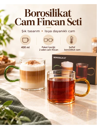 Ürün Adı 2’li Renkli Kulplu Borosilikat Cam Kupa Seti 400 ml – Yeşil & Amber