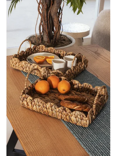 Meander Su Sümbülü Dikdörtgen Kulplu Desenli Tepsi 2'li Set