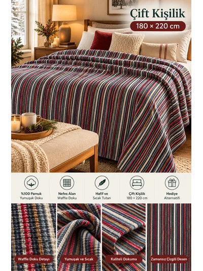 nixa İnce Çizgili Desenli Çift Kişilik Battaniye Lacivert Bordo 180x220 cm
