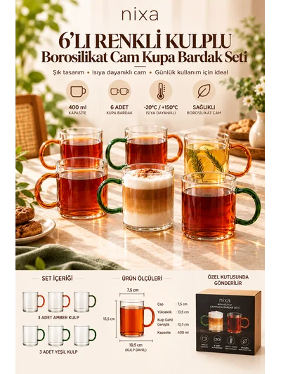 nixa 6'lı Renkli Kulplu Borosilikat Cam Kupa Bardak Seti 400 ml – 3 Yeşil 3 Amber Kulplu Çay ve Kahve Bardağı
