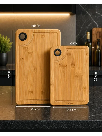 Bambum Dual 2’li Bambu Kesme Tahtası Seti Siyah Detaylı