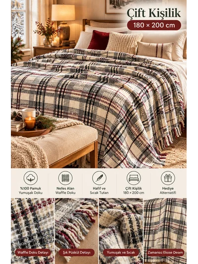 nixa Skoç Ekose Desenli Püsküllü Çift Kişilik Battaniye Ekru Gri Bordo 180x220 cm