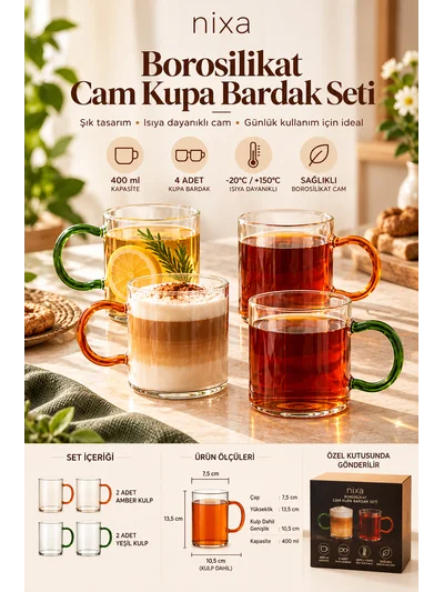 nixa 4'lü Renkli Kulplu Borosilikat Cam Kupa Bardak Seti 400 ml – 2 Yeşil 2 Amber Kulplu Çay ve Kahve Bardağı